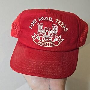 VTG Fort Hood Texas DEH Engineers Mesh Trucker Hat Red Snapback Army Corps Style